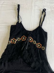 Floral Embellished Black Tank Top