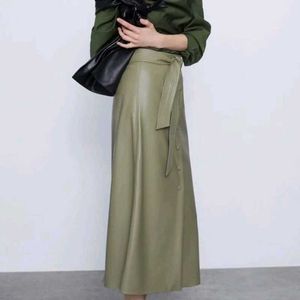 ZARA Khaki Faux Leather Buttoned Skirt with Belt