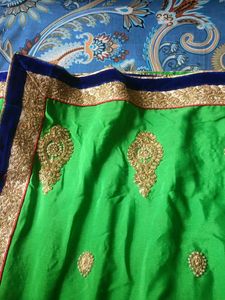 Green &amp; Blue Embroidered Saree Set