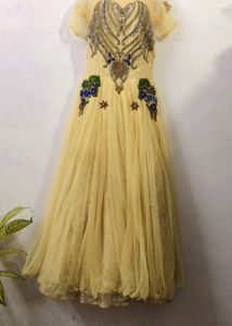 Elegant Gold Embroidered Net Evening Gown