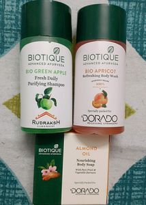 New Unused Set Of 3 Biotique Products For Overall Body Care- 1 Norishing Body Soap, 1 Bio Green Apple Fresh Daily Purifying Shampoo And 1 Bio Apricot Refreshing Body Wash