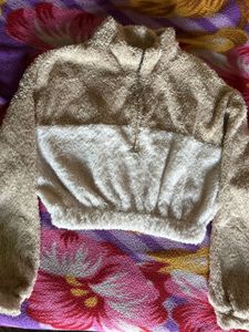 Shein Beige White Crop Fur Sweater
