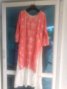 Coral Embroidered Kurti with White
