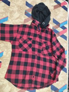 Red And Black Shirt Jacket With Detachable Cap