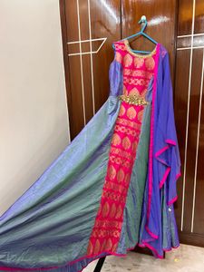 Regal Blue & Pink Silk Floor-Length Anarkali Suit