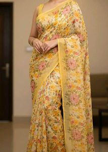 Floral Print Yellow Saree