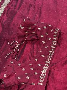 Maroon Saree With Desinger Blouse