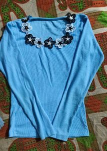 Light Blue High-Waisted Jeans And Bule Top
