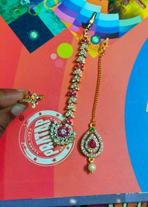 Ruby&amp;Crystal Indian Headpiece(Mangtika) &amp; Ring Set
