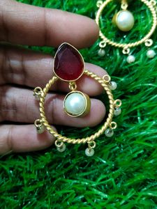 Brass Earrings With Red Stone And Beads