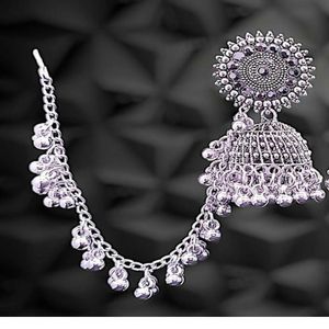 Silver Jhumka Earrings with Chain For Navratri