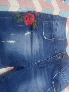 Rose Embroidered High-Waisted Denim Shorts
