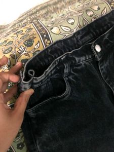 High Waist Knee Ribbed Black Wide Leg Denim