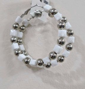 Silver & White Beaded Hoop Earrings