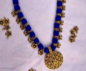 Blue Silk Threaded Necklace And Earrings