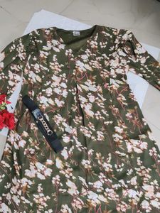 Floral Green Midi Dress With Hip Belt