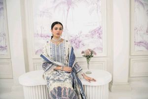 Elegant Cream &amp; Blue Printed Salwar Kameez