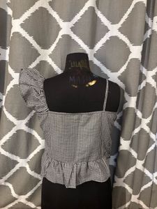 Checkered Ruffle One-Shoulder Top