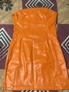 Orange Faux Leather Mini Dress