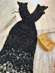 Black Beaded Crochet Maxi Dress