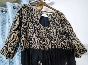 Ethnic Black Georgette With Gold Thread Work Gown