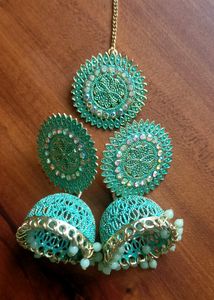 Turquoise Fancy Earrings With Maangtika For Parties