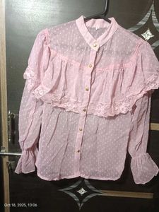 Pink sheer ruffle lace detail top 🩷