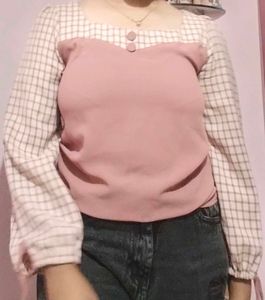 Pink Plaid Sleeve Blouse