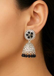 Silver Jhumka Earrings with Black Accents