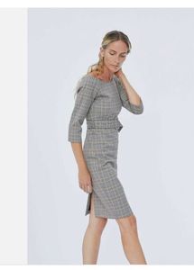 Checked Boat Neck Knee Length Dress