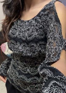 Sheer Black &amp; White Cold Shoulder Top