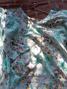 Blue Embellished Kurta Floral Print 3xl Cotton K