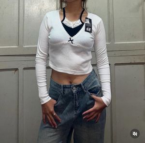 Lace Trim Bow Tie Crop Top