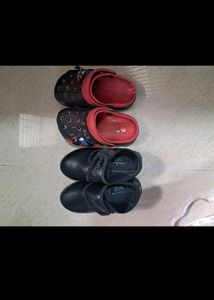 Combo Of Red  Black Clogs And School Shoes