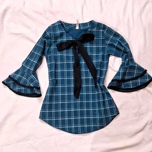 Checked Tie Up Neck Top
