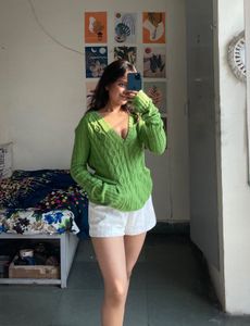Green V-Neck Knit Sweater