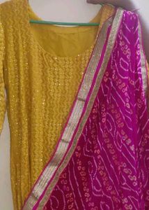 Yellow &amp; Pink Kurta Set With Bandhani Duppata