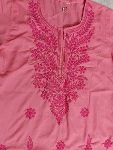 New Pink Chikankari Kurti Women(FREE FLOWER CLIP)