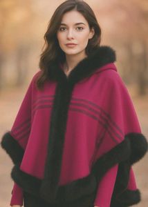 Luxury Stylish Pink Plum cape shawl with Black fur