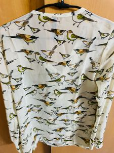 Charming Bird Print Sheer V-Neck Blouse Top