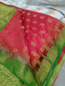 Red And Parrot Green Fancy Pattu Saree