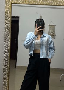FRENCH CONNECTION Blue Stripe Crop Shirt