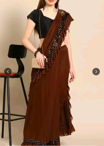 Elegant Brown Ruffle Saree