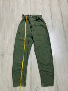 Zara Olive Green Ruffle Waist Denim Pants