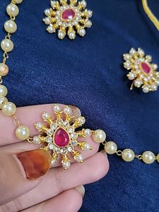 Pearl Necklace &amp; Earring  Set chopper light golden