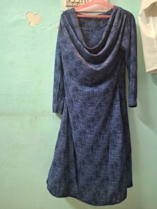 Patterned Blue Short  Dress With Frill