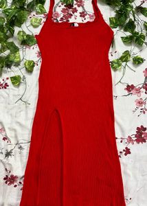 H&amp;M Women’s Red Ribbed Bodycon Dress with Leg Slit