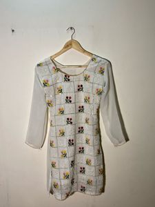 Embroidered White Kurti And Sharara Set