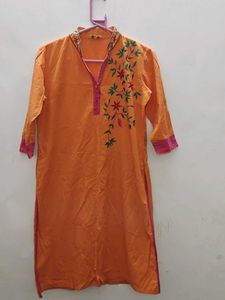 🍊 BitterLime Orange Embroidered Kurta – Size L 🍊