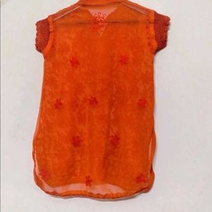 Orange Embroidered Mesh Top